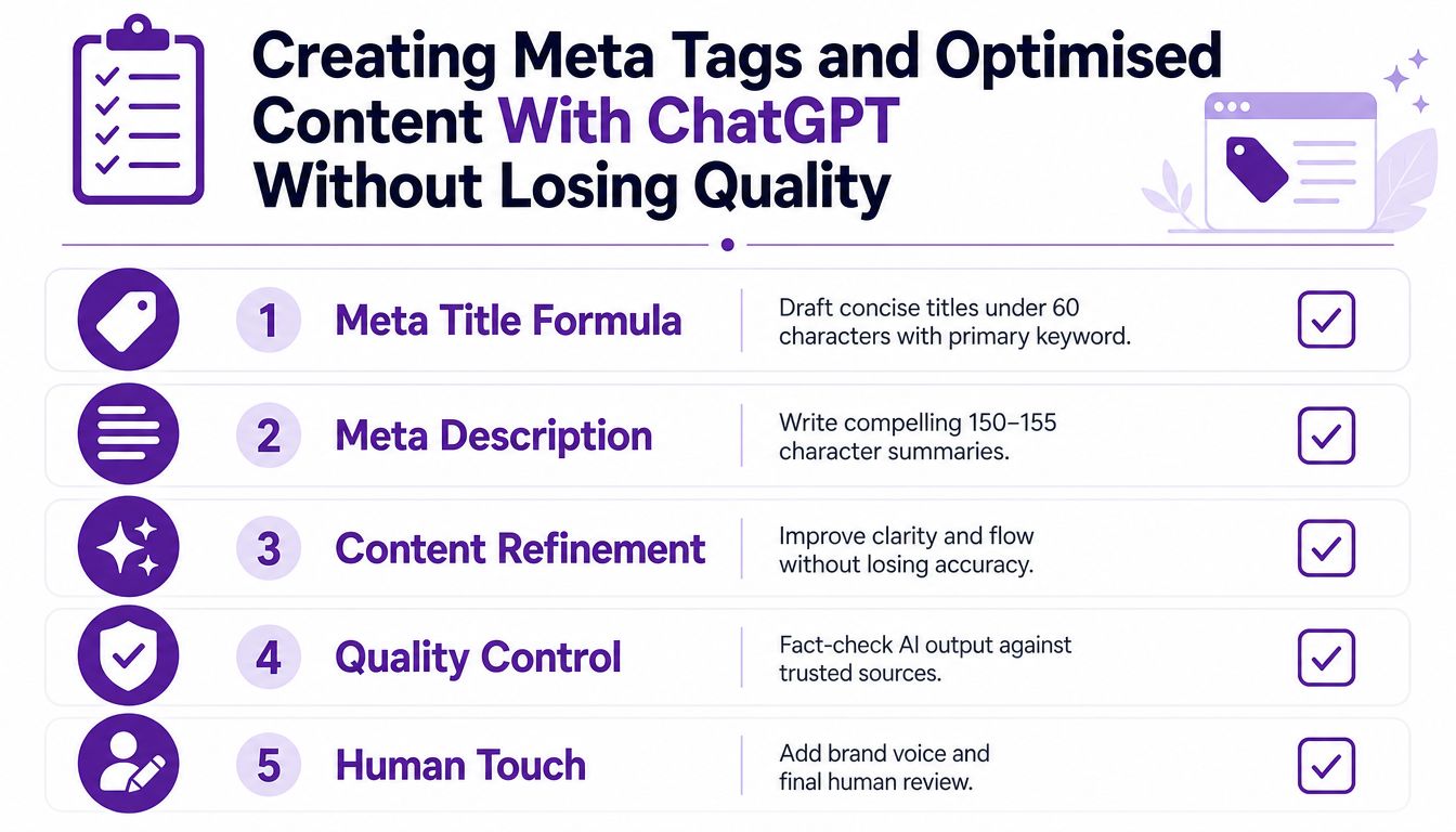 An infographic showing five essential steps to creating SEO meta tags and optimized content using ChatGPT.