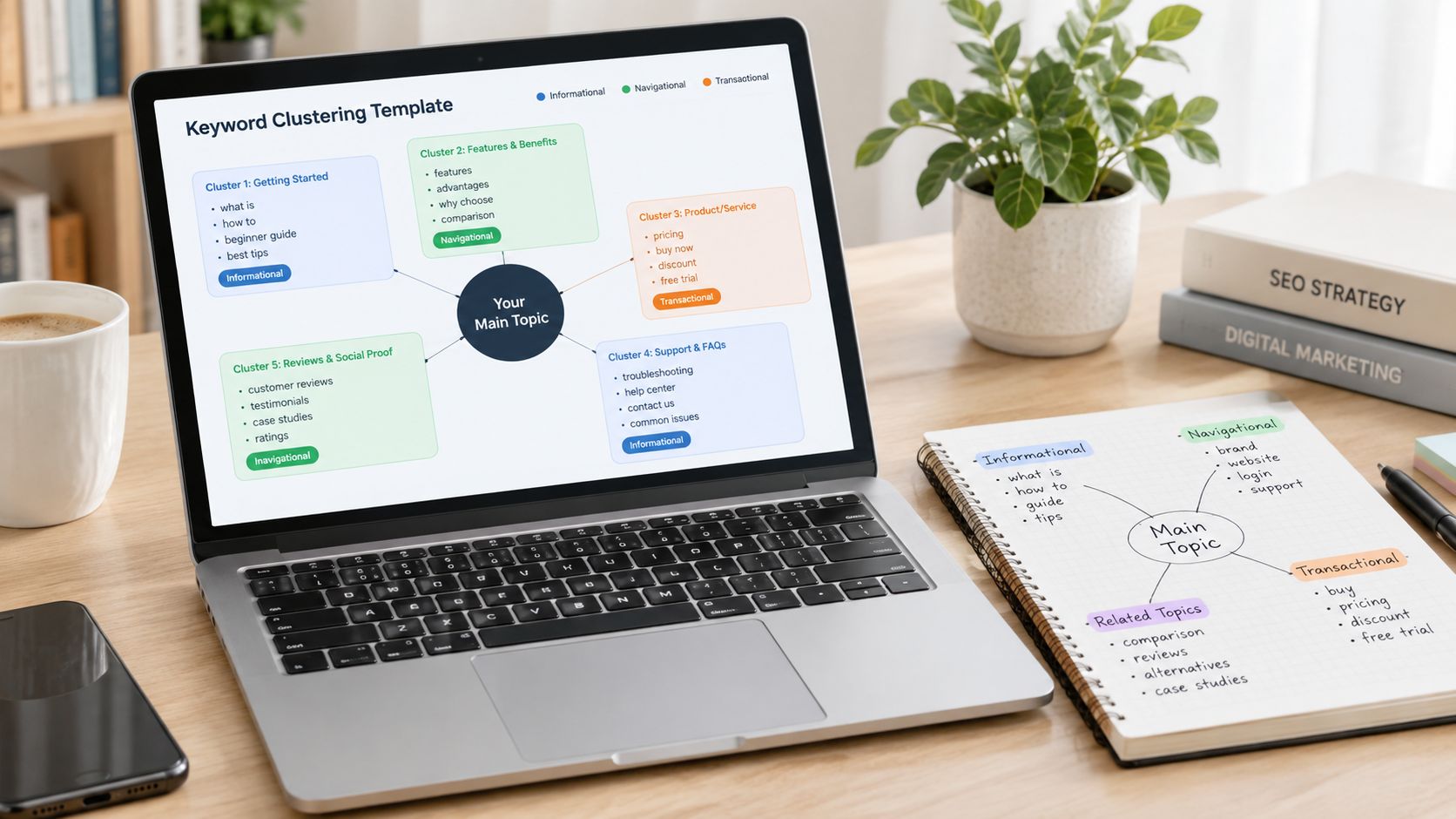 A laptop screen displaying a keyword clustering template and a notebook showing keyword mapping strategies.