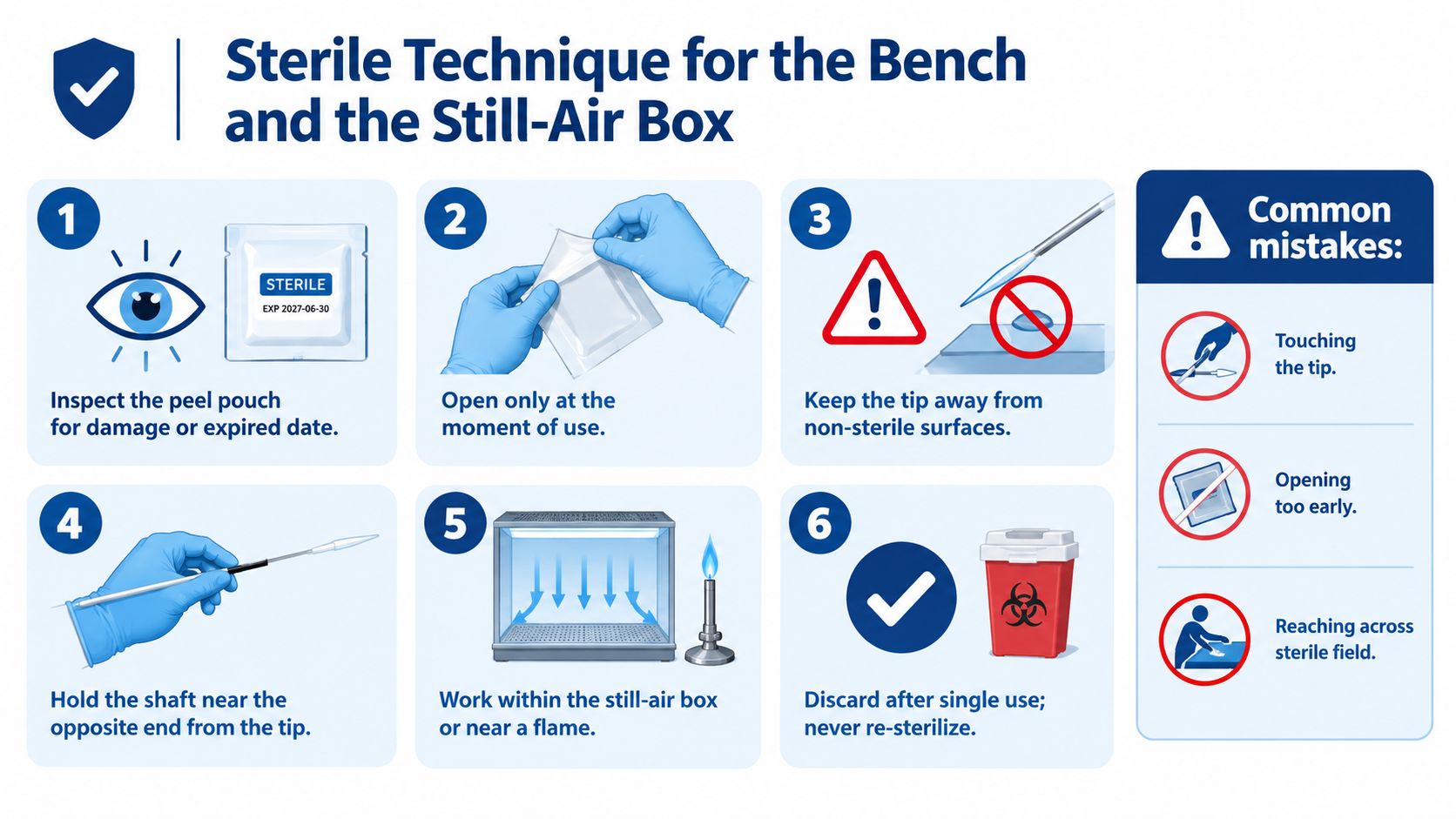 An infographic illustrating six steps and common mistakes for maintaining sterile technique with cotton tipped applicators.