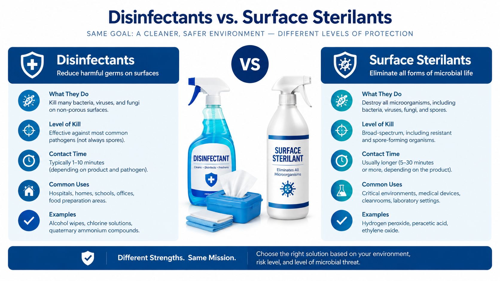 A comparison chart illustrating the differences between disinfectants and surface sterilants in cleaning and pathogen control environments.