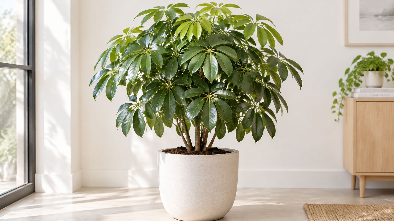 A large, lush Schefflera houseplant potted in a minimalist white planter in a bright room.