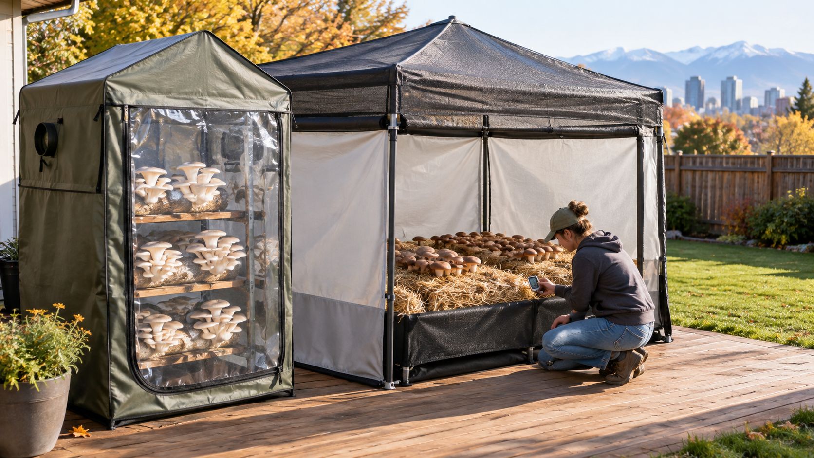 A person checking mushroom growth in an outdoor grow tent set up on a wooden deck.