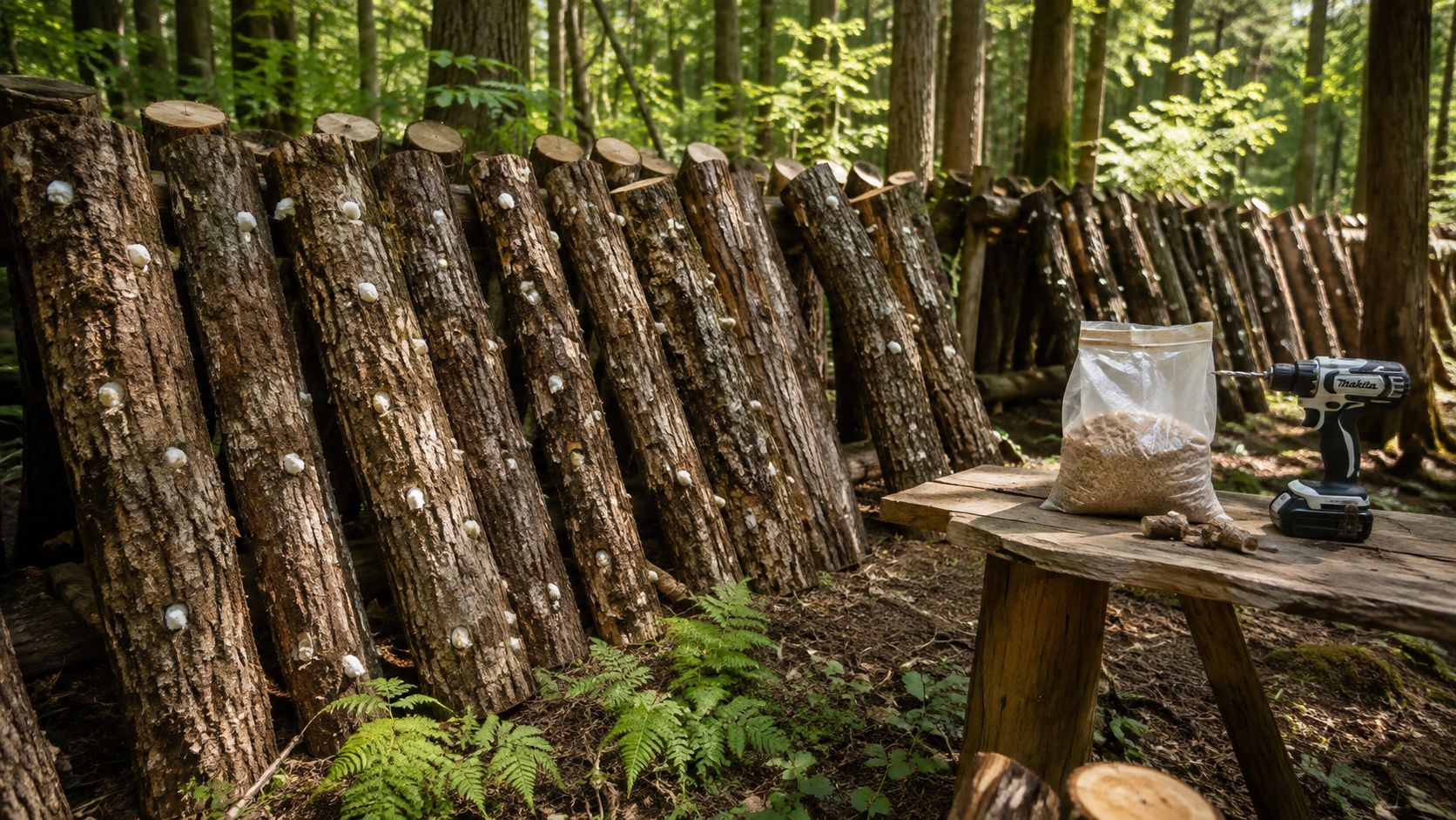 Logs inoculated with shiitake mushroom spawn arranged in a forest alongside a drill and bag of sawdust