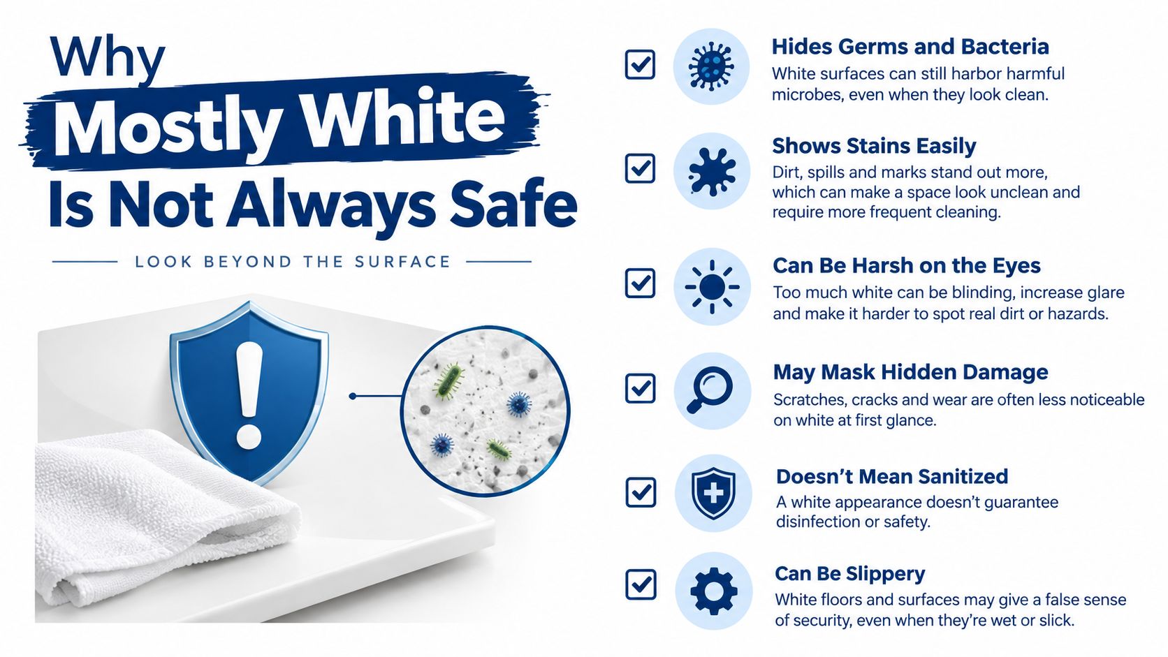 An infographic titled Why Mostly White Is Not Always Safe detailing hygiene and safety risks.