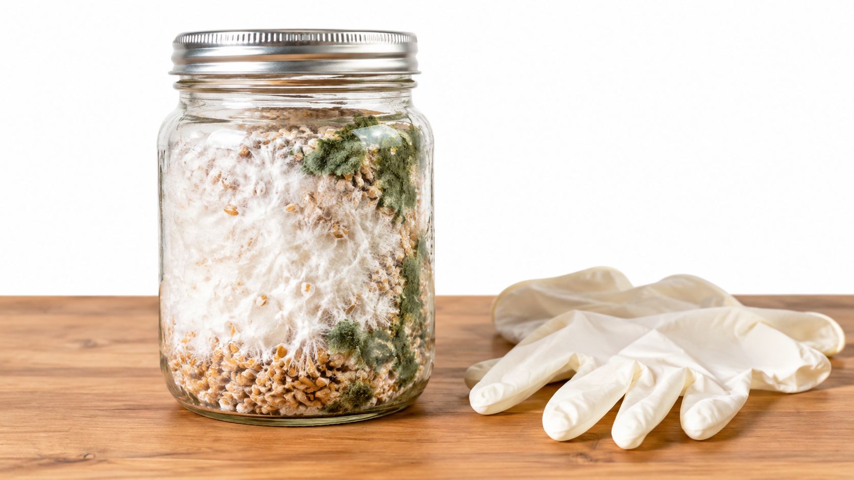A glass jar containing white fungal mycelium and green mold contamination next to a pair of gloves.