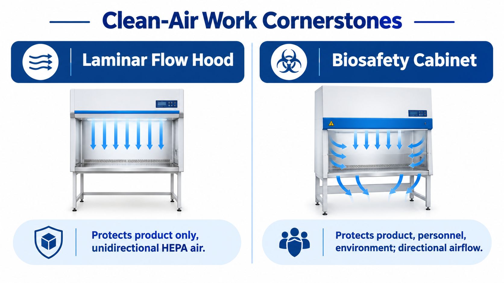 A comparison chart highlighting the differences between a laminar flow hood and a biosafety cabinet for laboratory use.