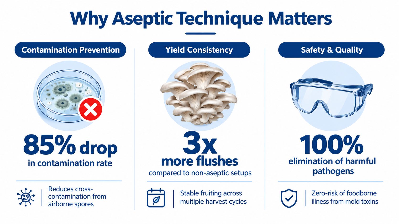 An infographic showing why aseptic technique is important for preventing contamination and ensuring safe mushroom cultivation.