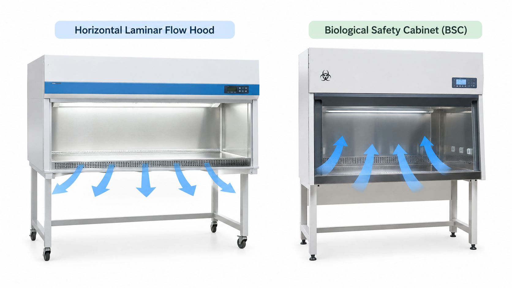 A side-by-side comparison of a horizontal laminar flow hood and a biological safety cabinet in a lab.