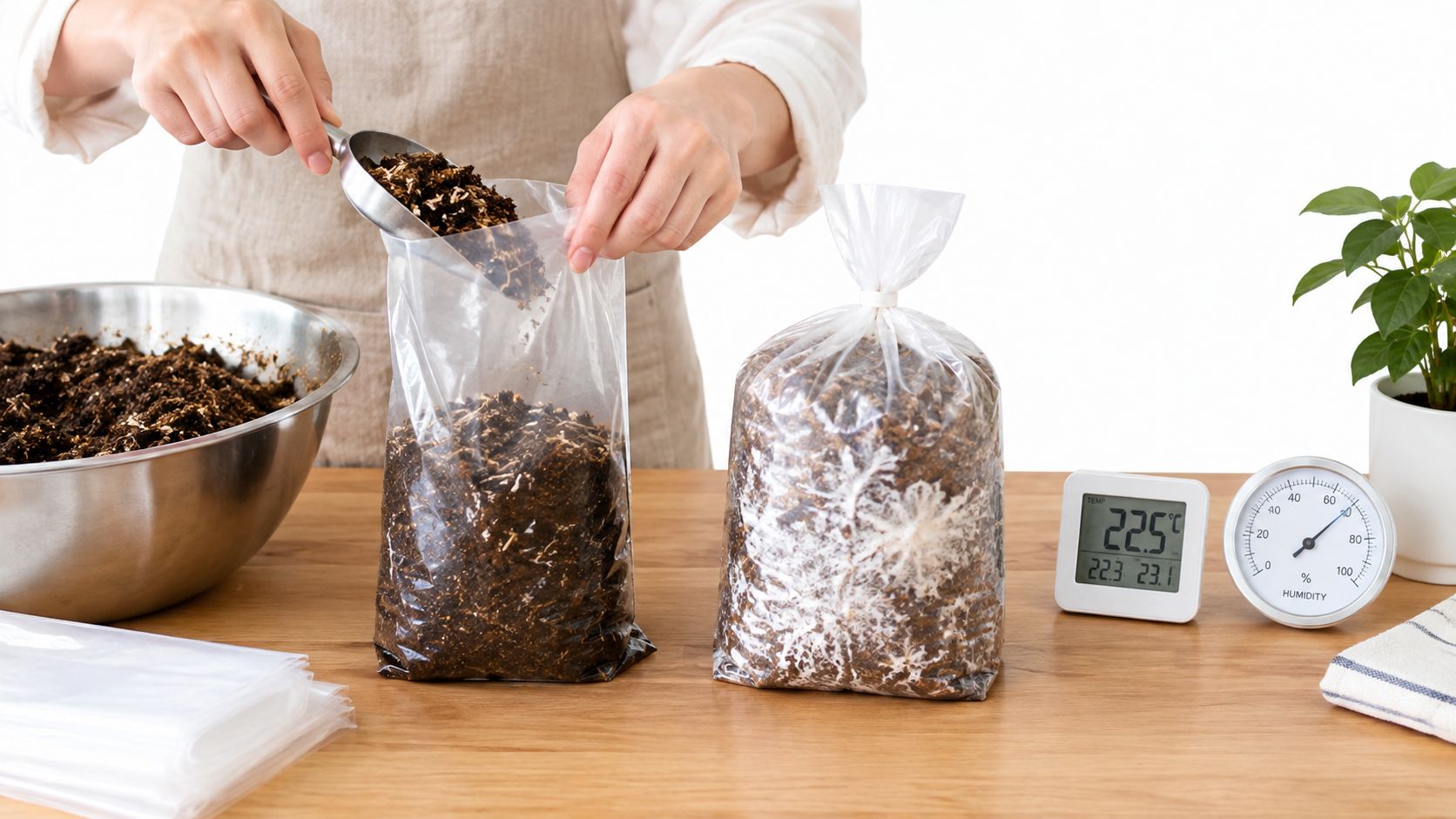 A person wearing an apron filling a clear plastic bag with prepared soil for mushroom cultivation.