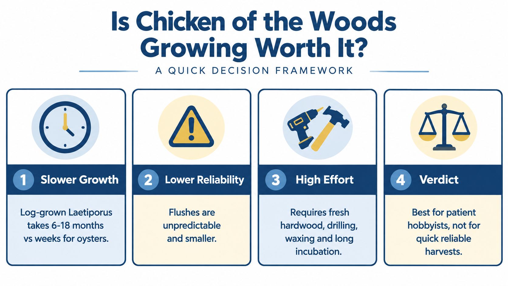 A decision framework infographic detailing the time, reliability, and effort required for growing chicken of the woods mushrooms.