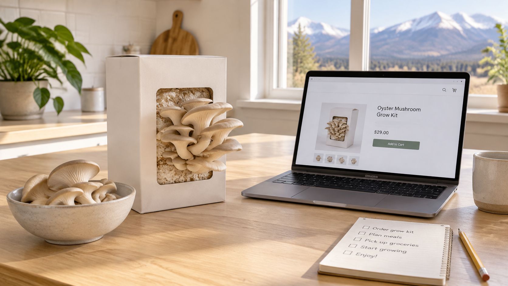An oyster mushroom grow kit sits on a kitchen table next to a laptop displaying an online store.