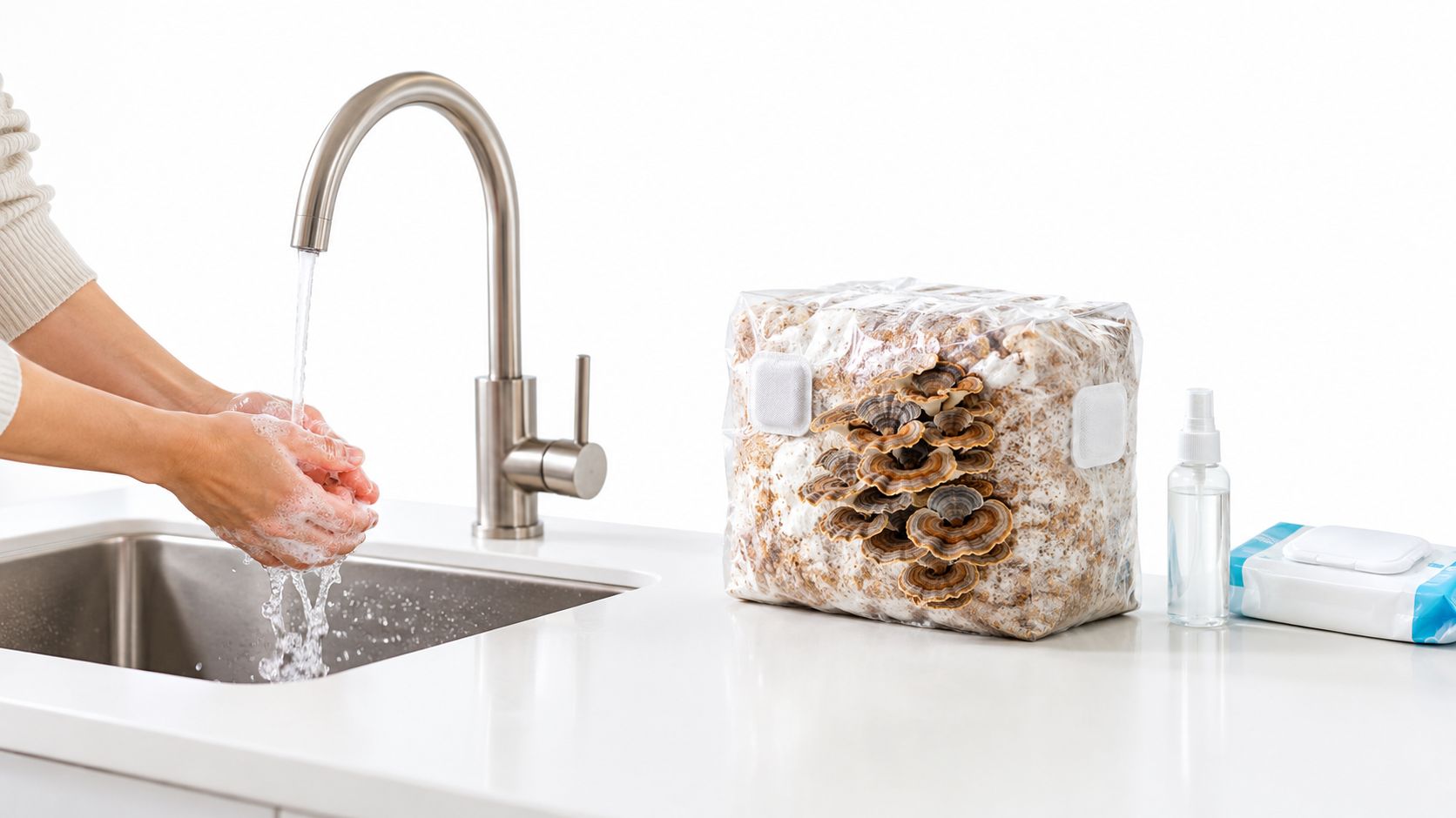 A person washes their hands near a turkey tail mushroom grow kit on a clean kitchen counter.