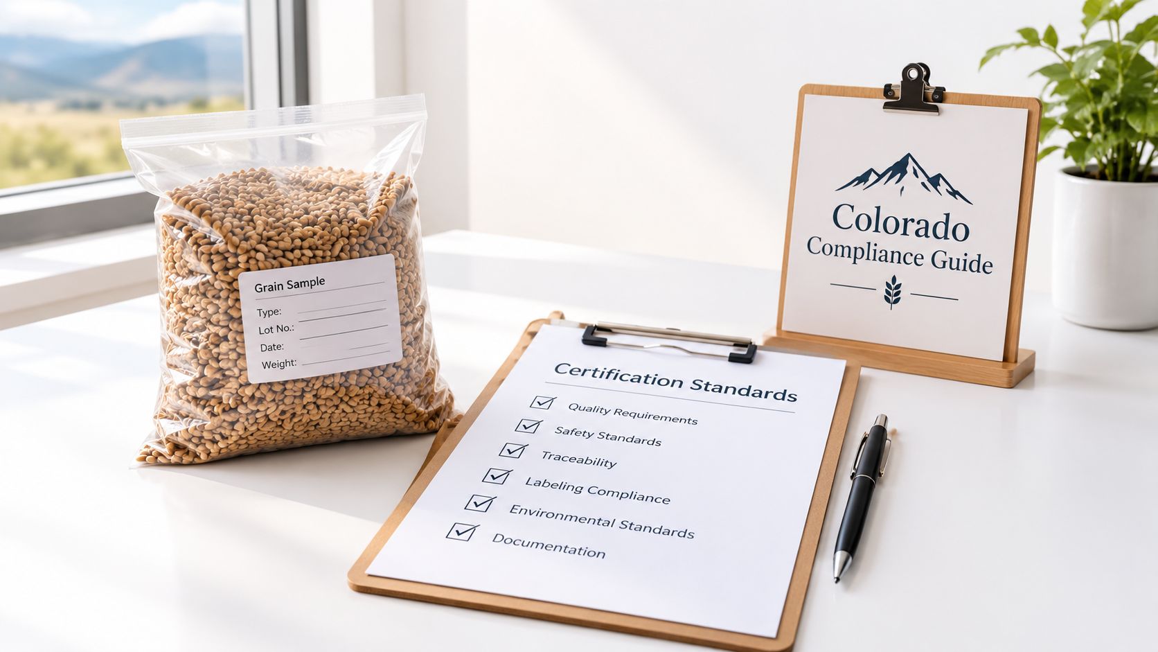 A bag of grain next to a certification standards clipboard on a desk in Colorado.
