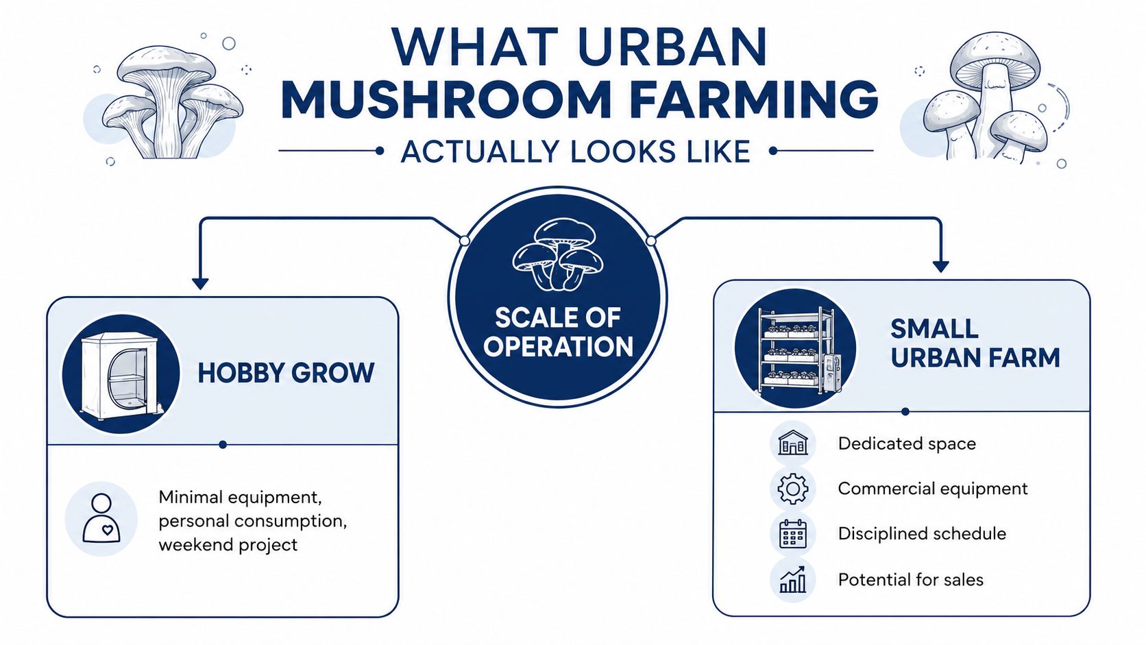 A flow chart comparing the scale of operation for hobby and small-scale urban mushroom farming.