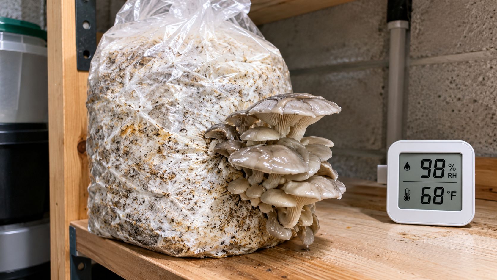 A cluster of oyster mushrooms growing from a plastic bag on a wooden shelf next to a hygrometer.