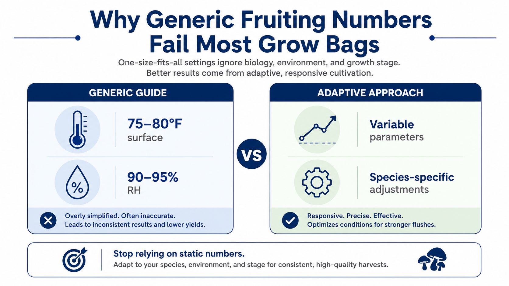 A comparison chart showing how generic versus adaptive conditions optimize mushroom cultivation for grow bags.