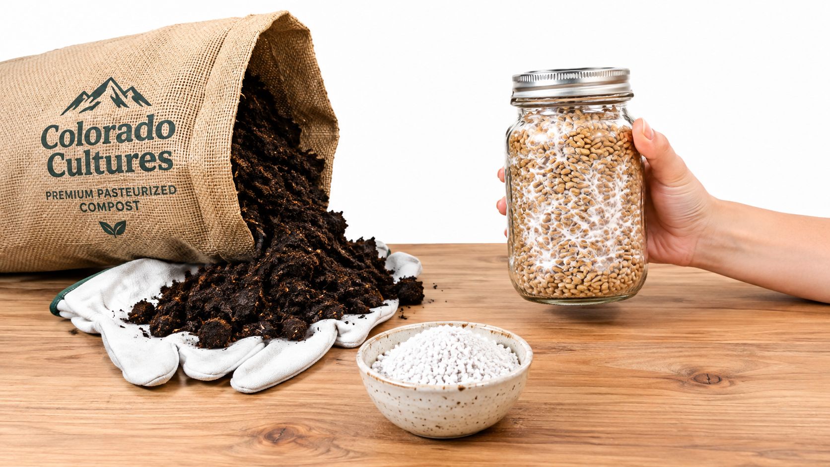 A hand holding a grain spawn jar next to a bag of compost and a bowl of perlite.