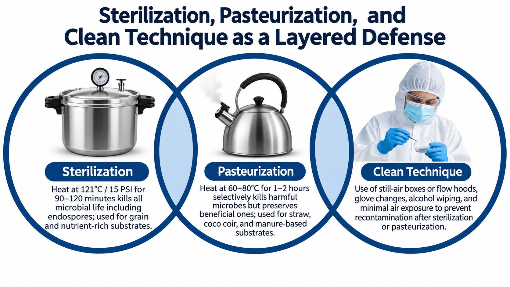 A diagram illustrating the layered defense approach of sterilization, pasteurization, and clean technique for contamination control.