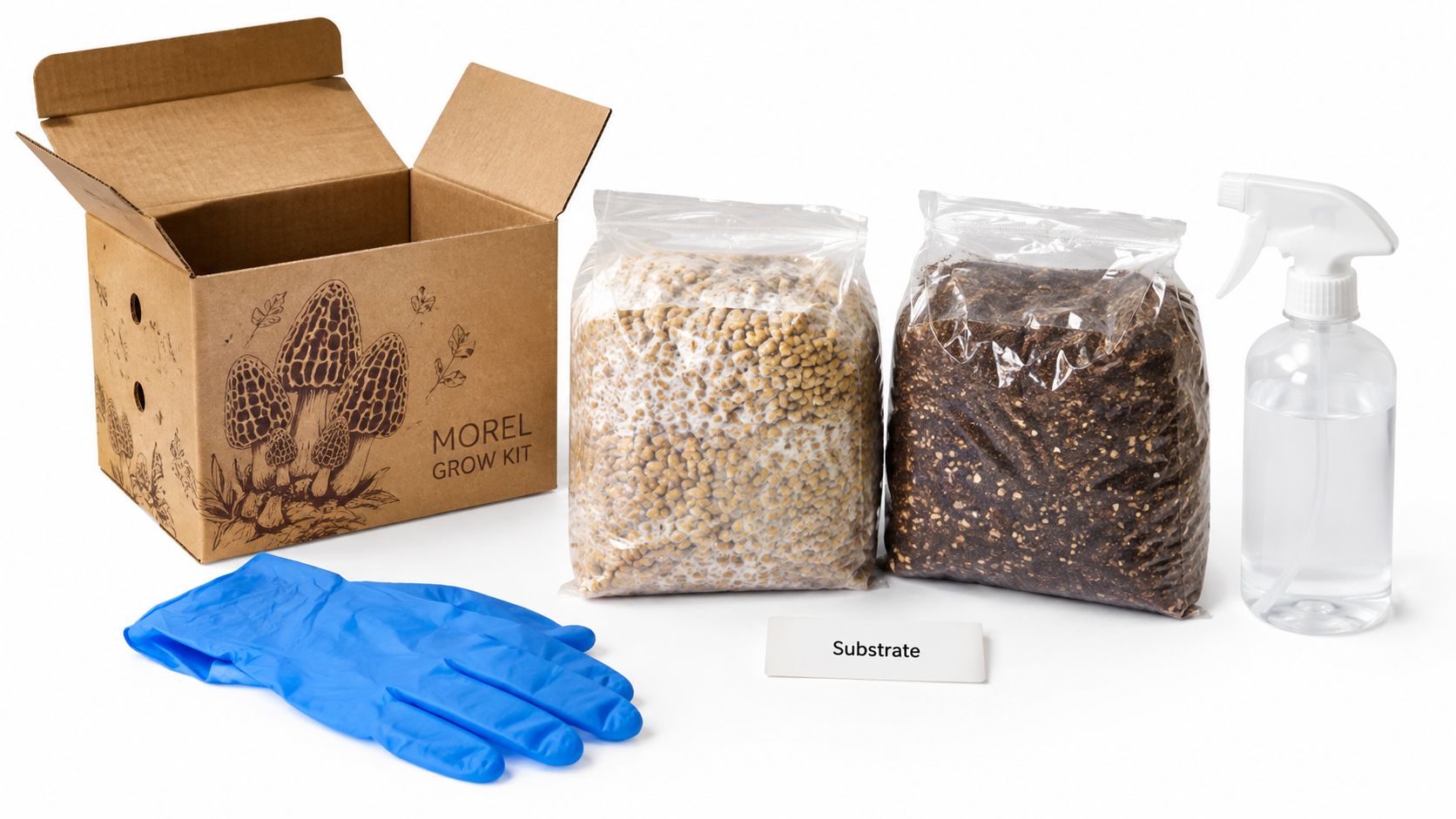 A morel mushroom grow kit including a box, spawn bag, soil substrate bag, spray bottle, and glove.
