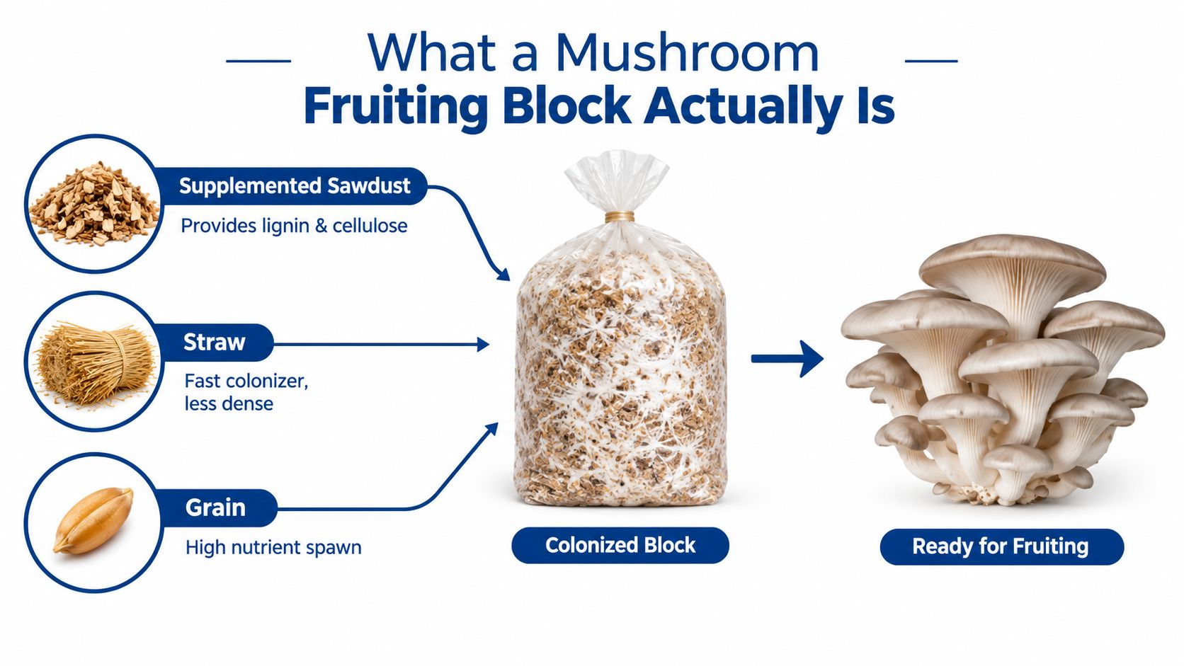 An infographic showing the components of a mushroom fruiting block including sawdust, straw, and grain spawn.