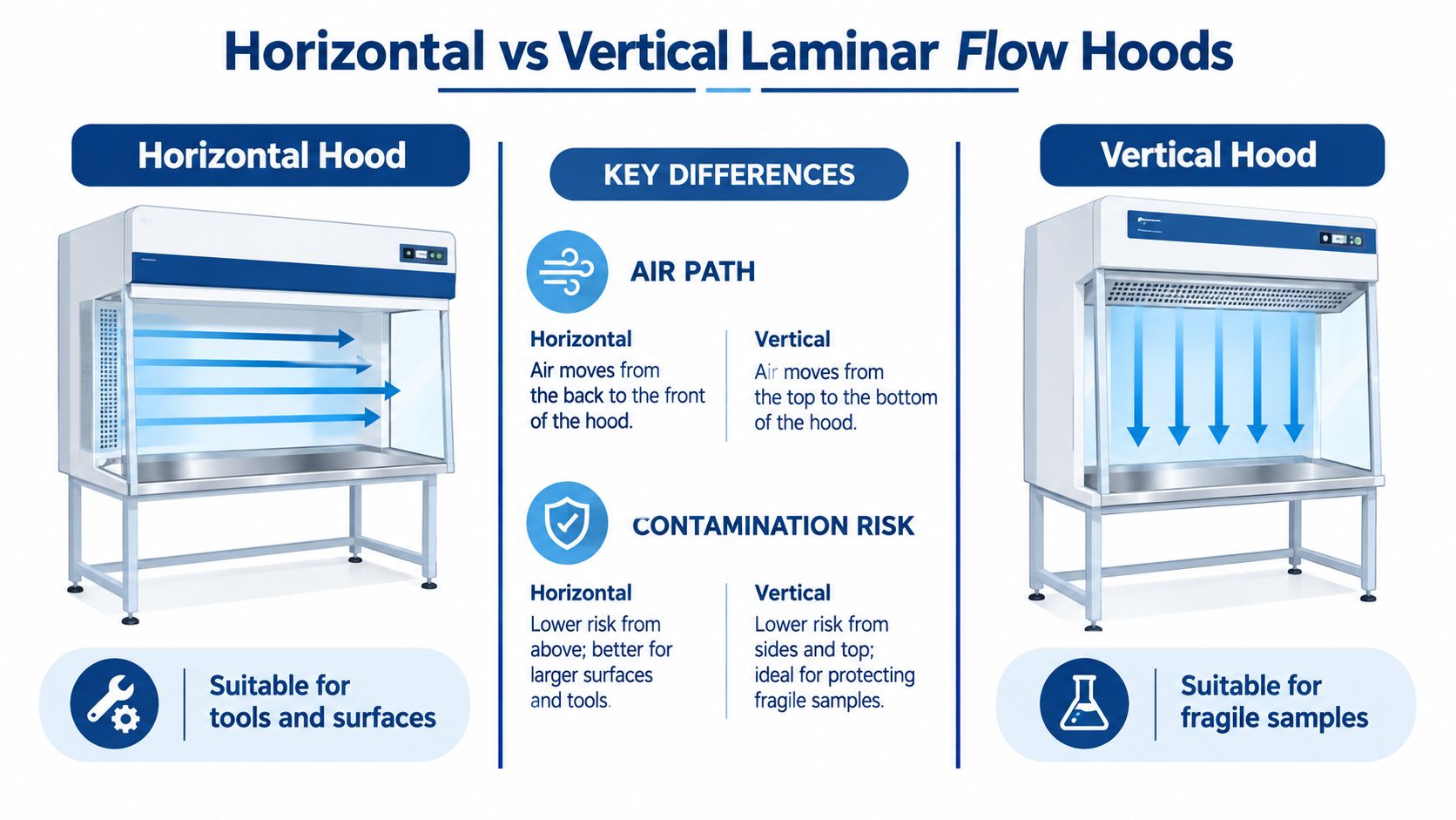 A comparison chart showing the differences between horizontal and vertical laminar flow hoods for laboratory use.