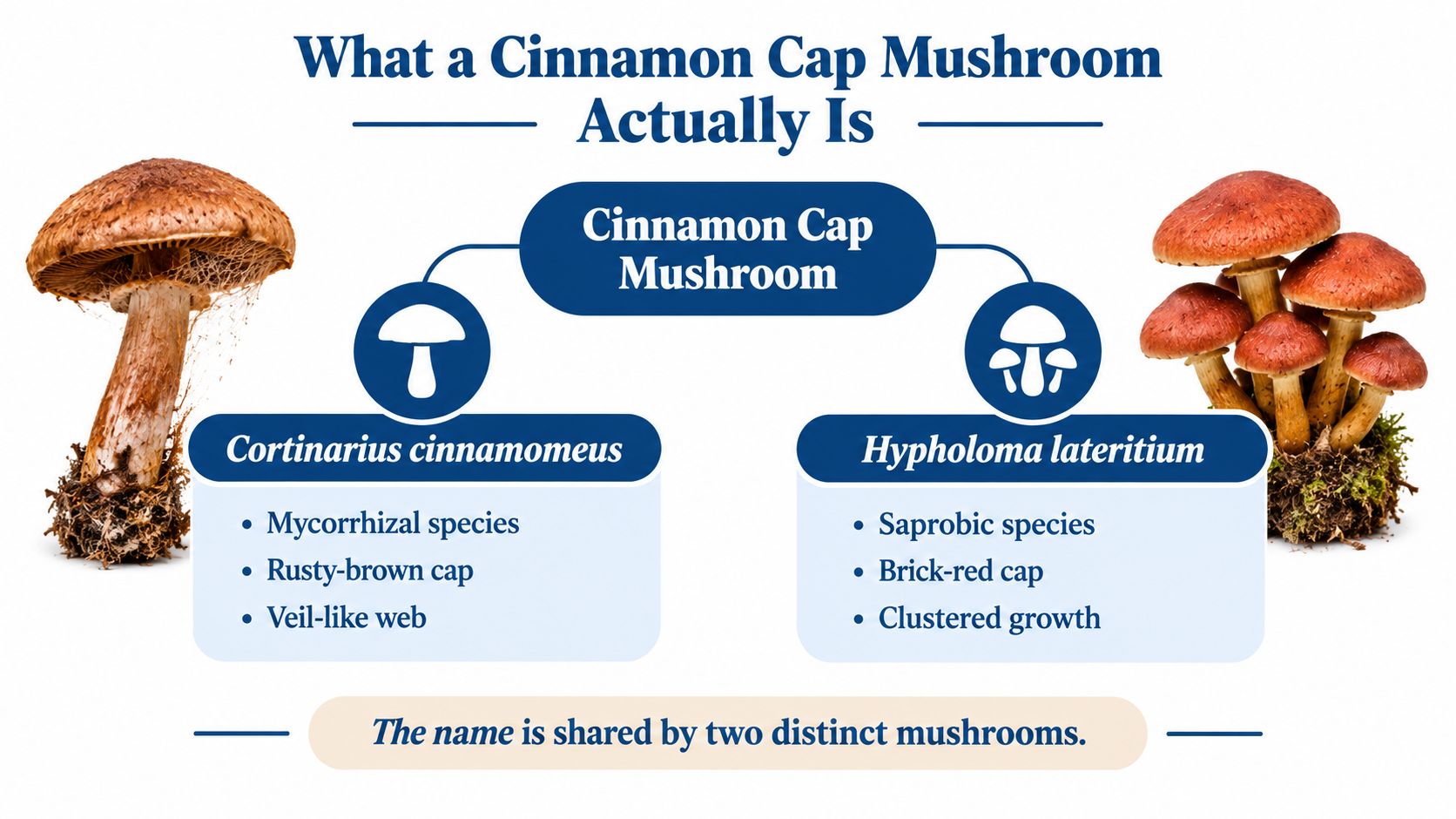 A comparison chart showing that the term cinnamon cap mushroom refers to two different species, Cortinarius cinnamomeus and Hypholoma lateritium.