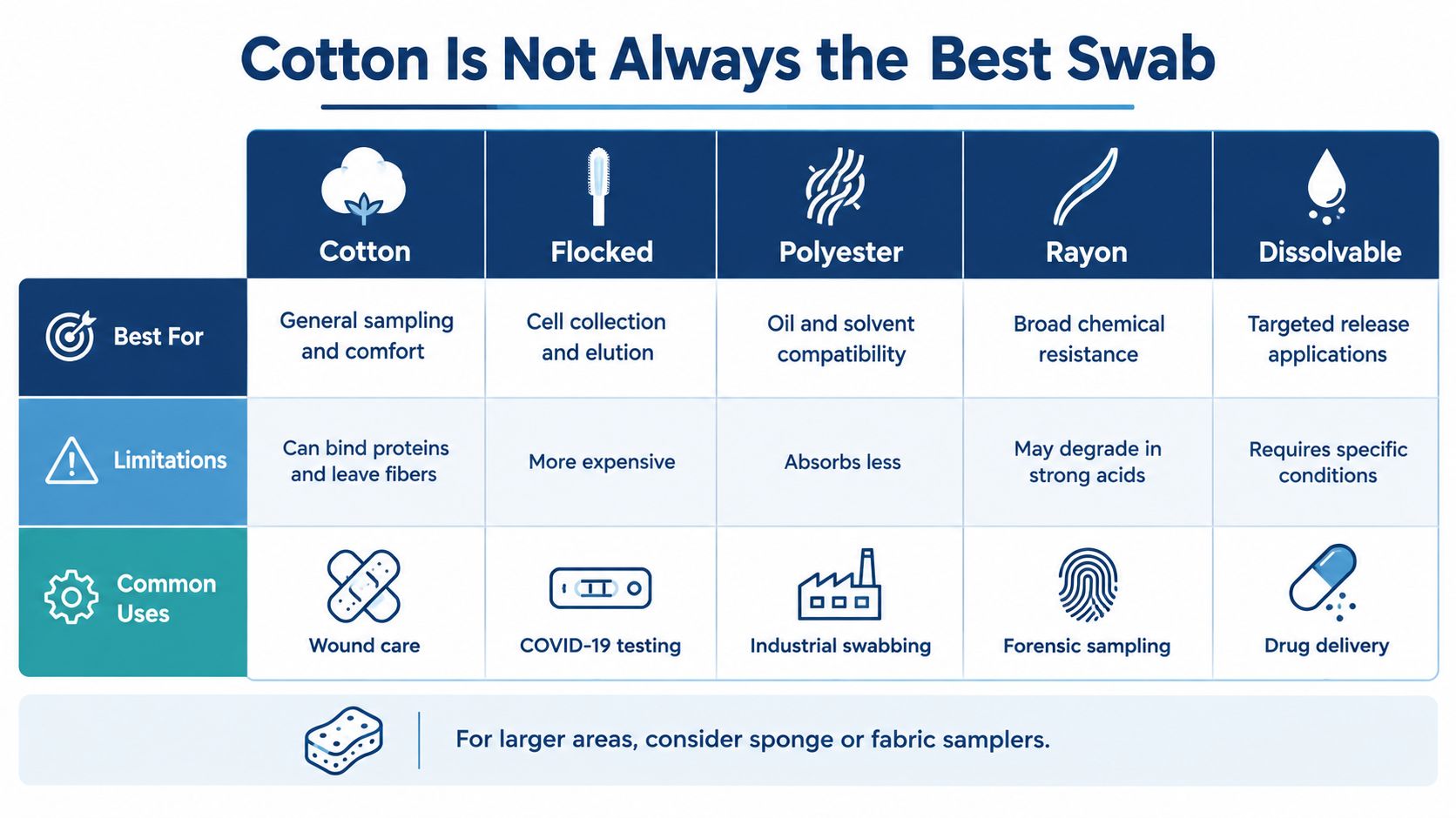 A comparison chart outlining different swab materials including cotton, flocked, polyester, rayon, and dissolvable types and their uses.