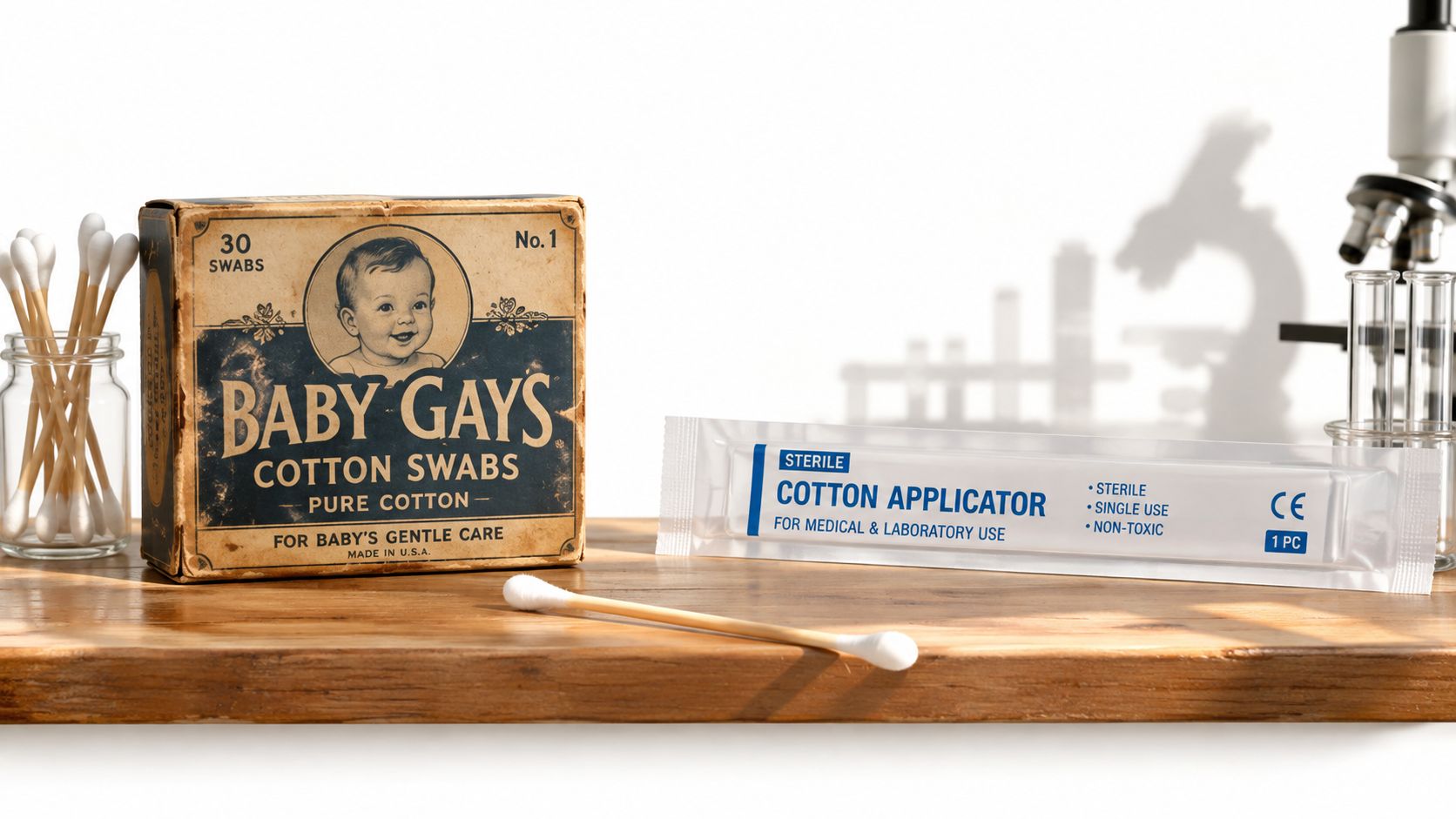 A vintage style box of Baby Gays cotton swabs sitting next to a sterile cotton applicator.