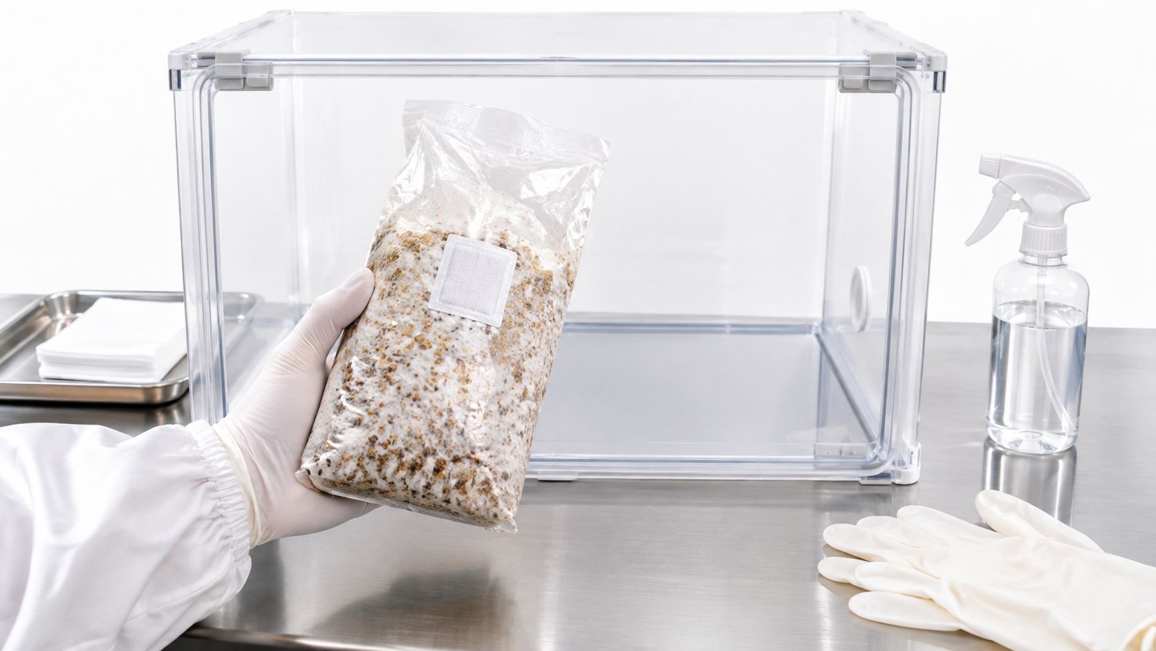 A person in white lab clothing holding a sterile mushroom grain spawn bag near a lab chamber.