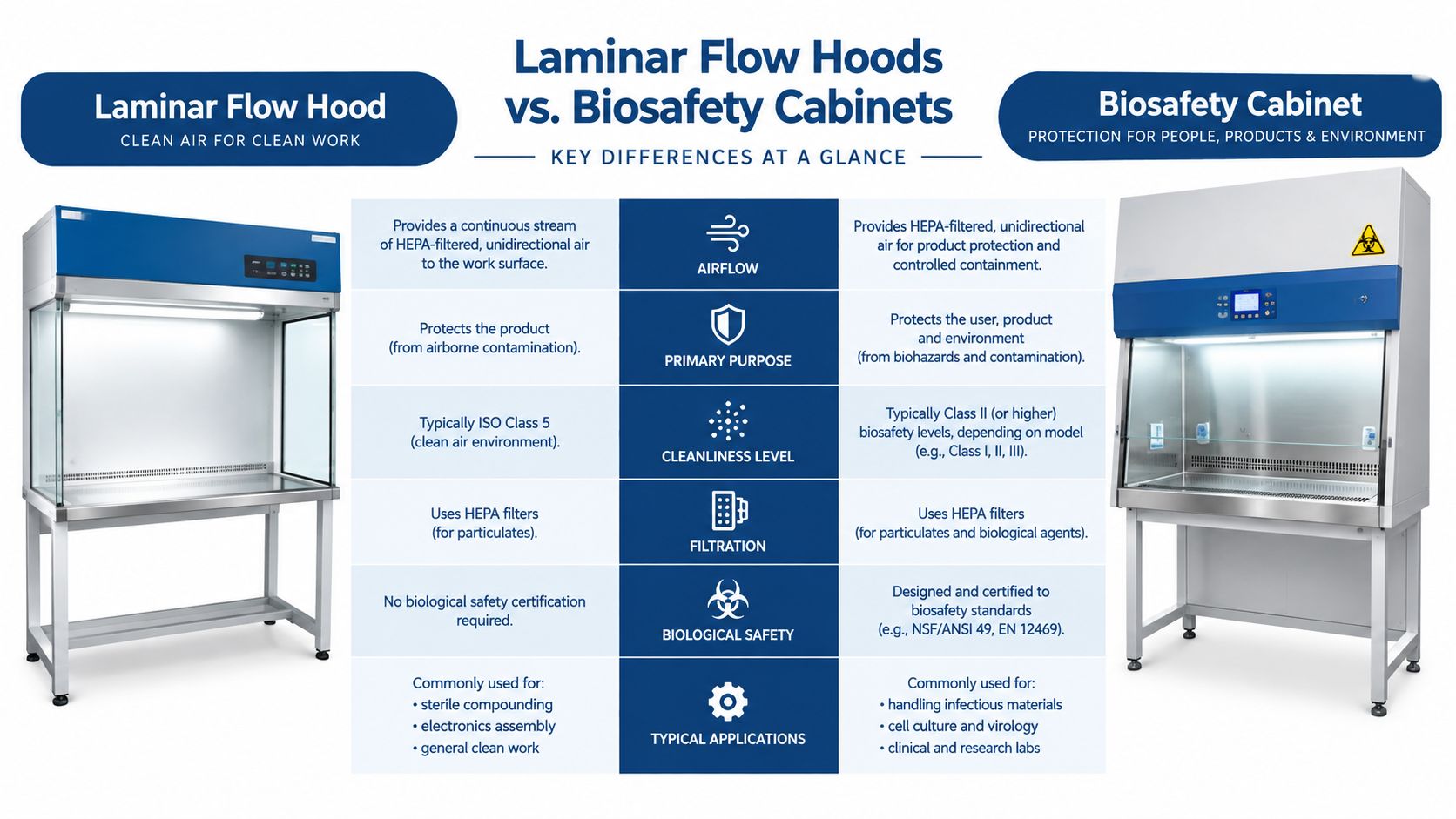A comparison chart showing key differences between laminar flow hoods and biosafety cabinets for laboratory environments.