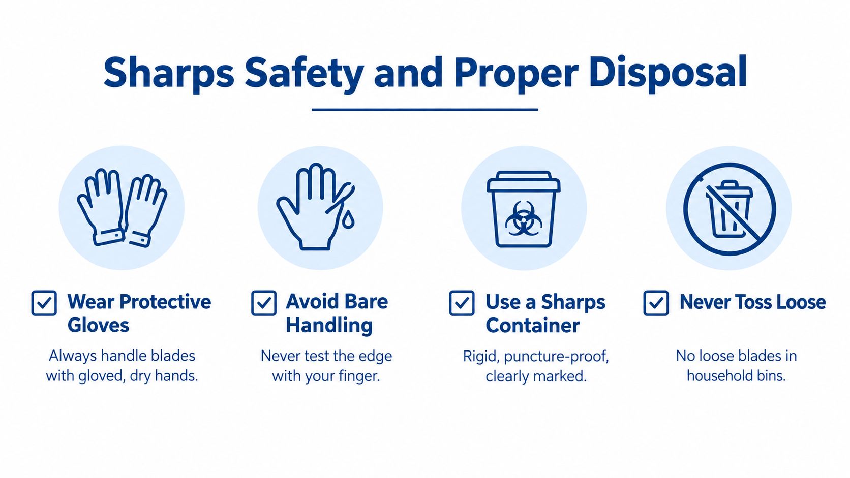 A safety infographic illustrating how to handle and dispose of sterile scalpel blades safely and properly.
