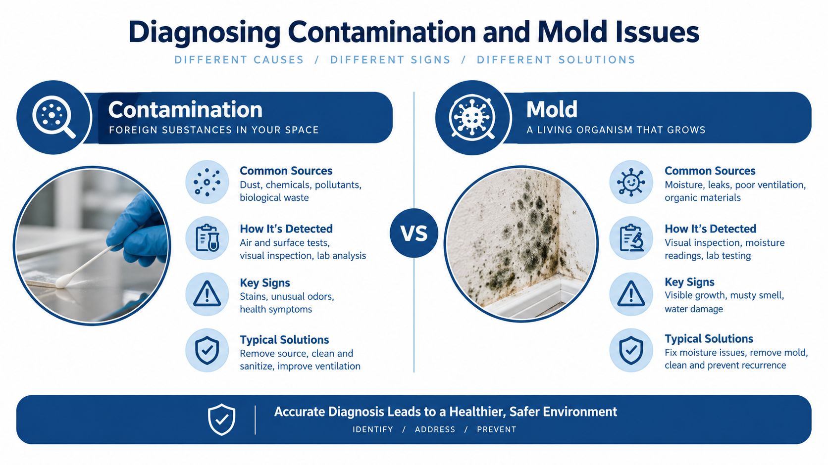 An infographic comparing contamination and mold, detailing their distinct causes, detection methods, signs, and typical solutions for remediation.