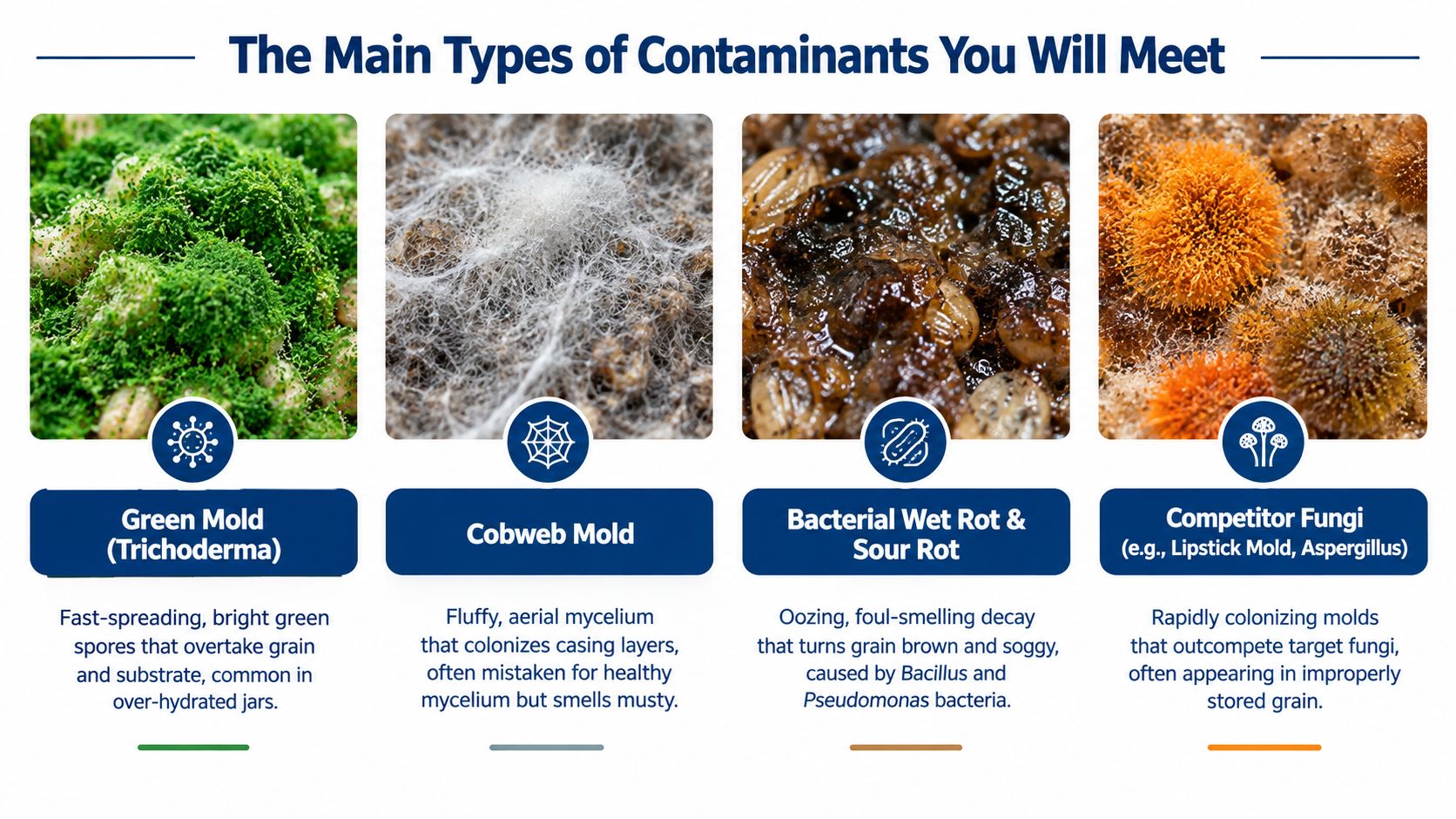 An infographic showing four types of common mushroom cultivation contaminants including green mold, cobweb mold, wet rot, and competitor fungi.