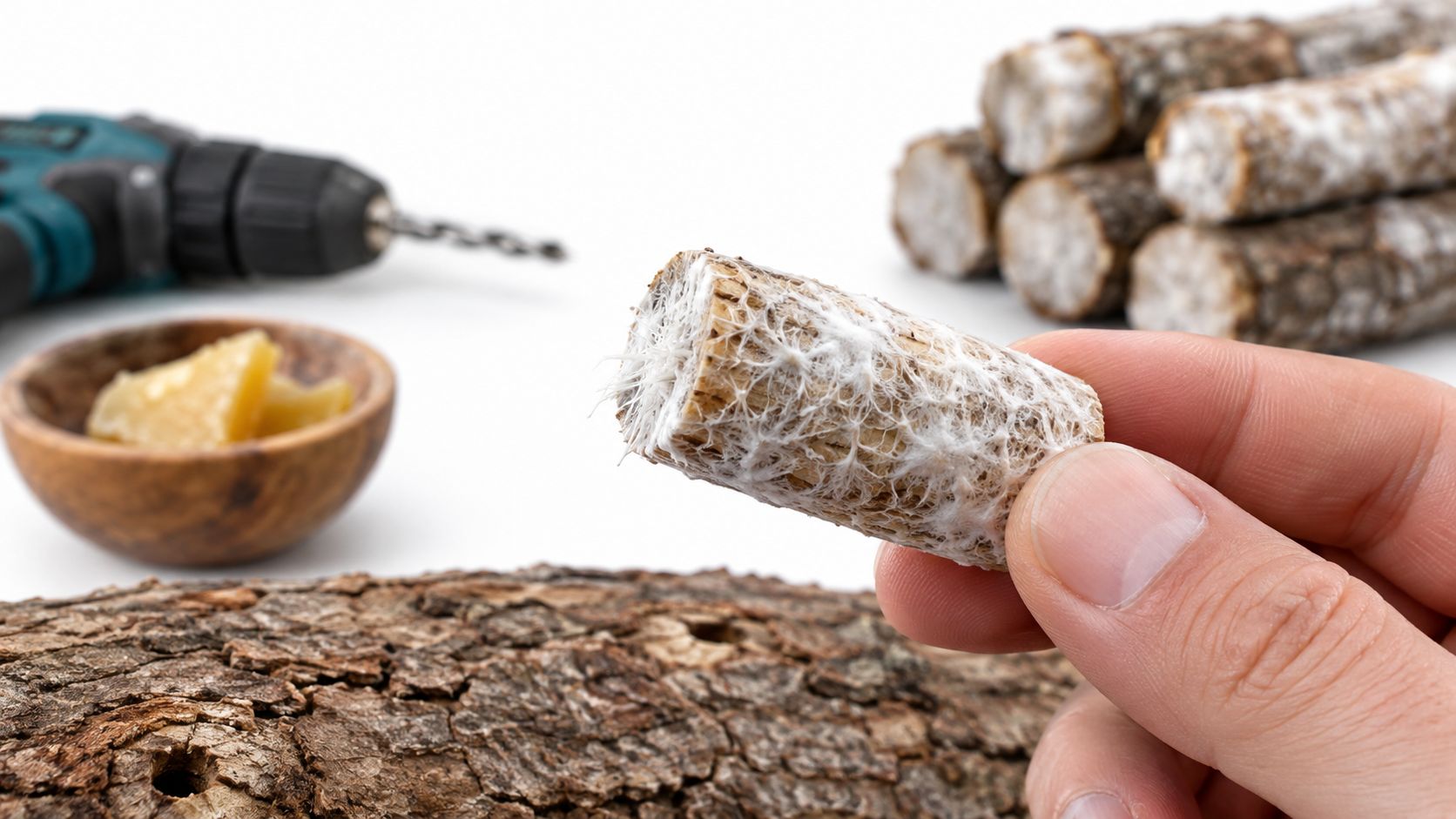 A hand holding a mycelium-covered mushroom spawn plug for inoculating a log with a drill nearby.