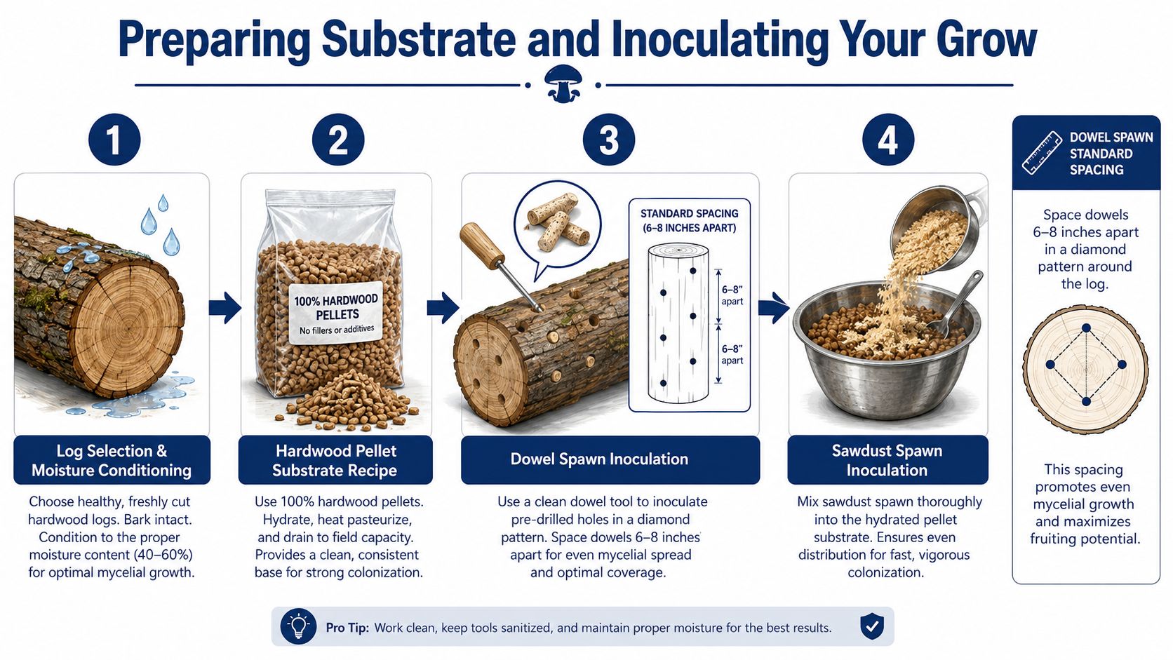 A four-step instructional infographic showing how to prepare logs and pellets for cultivating mushrooms outdoors.