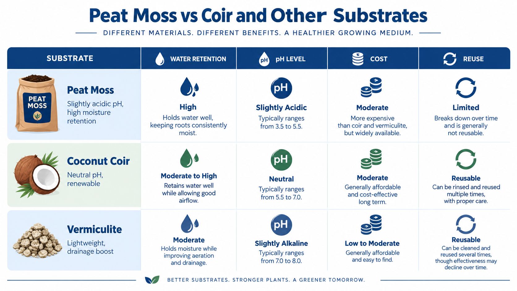A comparison chart detailing the properties of peat moss, coconut coir, and vermiculite as growing substrates.