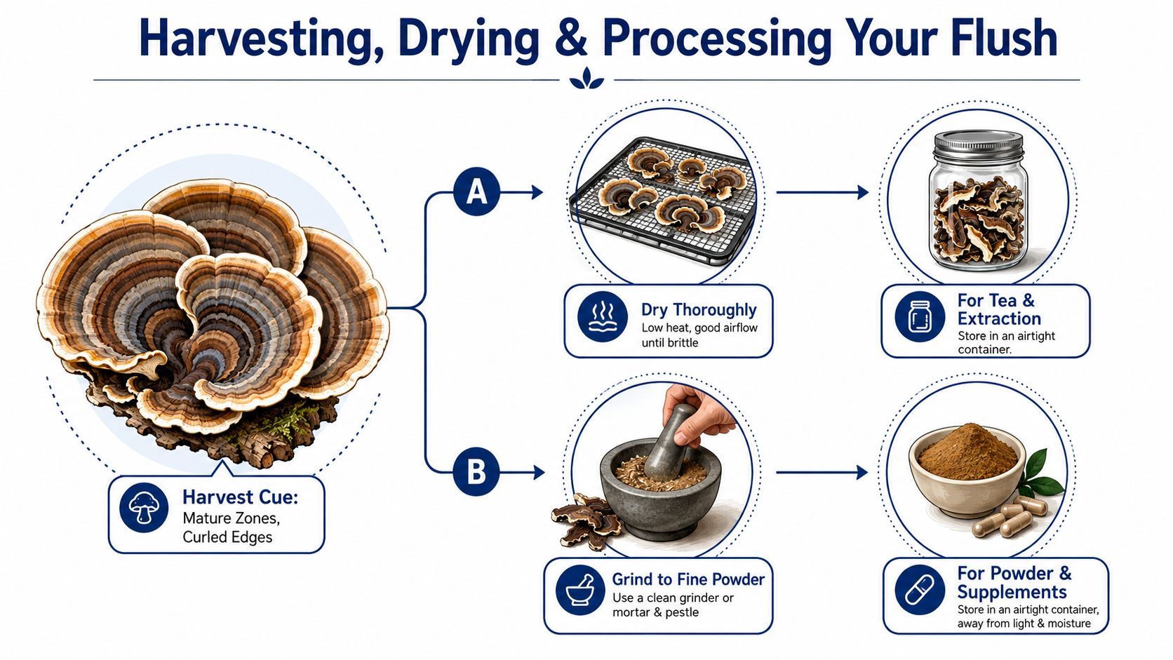 A step-by-step infographic illustrating the harvesting, drying, and processing methods for turkey tail mushrooms.