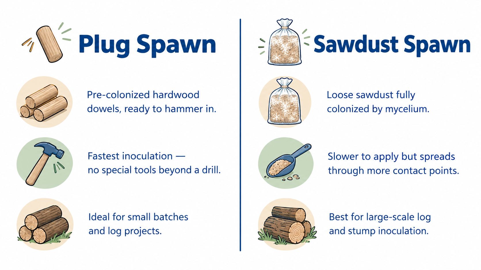 A comparison chart showing the differences between plug spawn and sawdust spawn for mushroom cultivation.