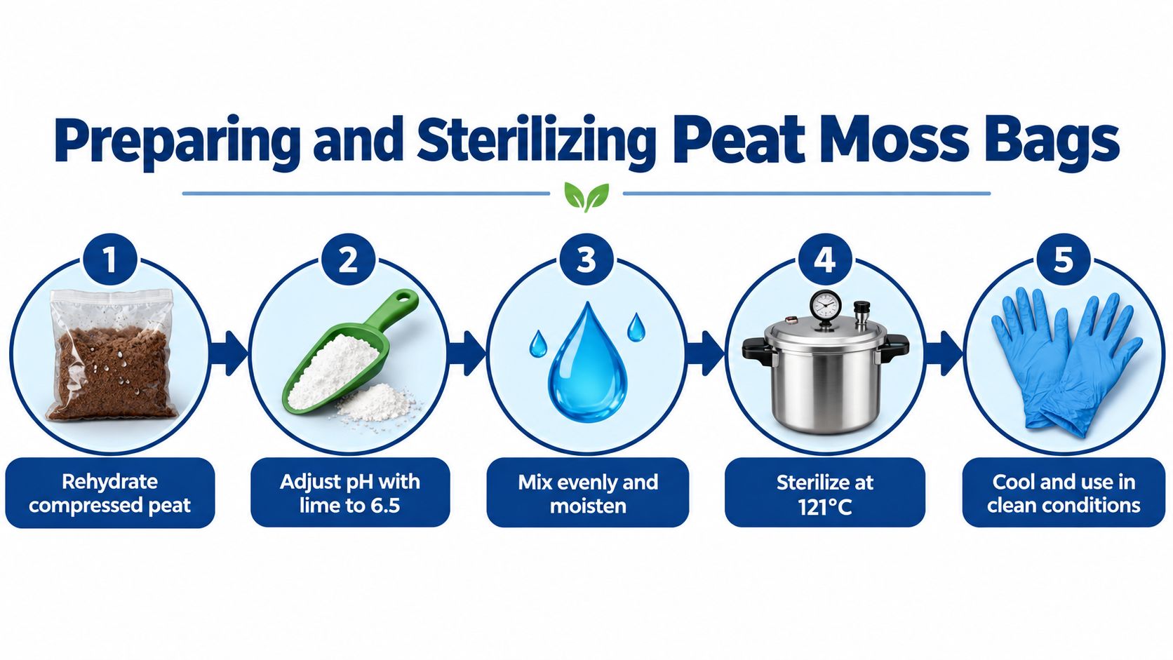 A five-step infographic showing how to prepare and sterilize peat moss bags for cultivation purposes.