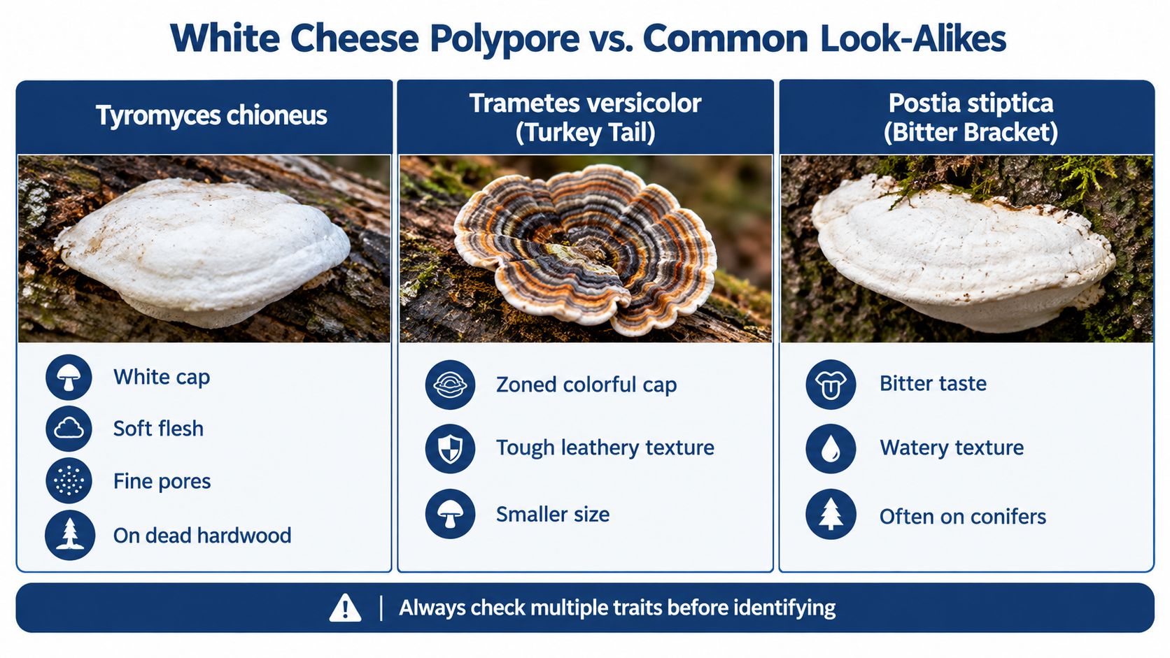 A comparison chart showing the White Cheese Polypore alongside its common look-alikes, Turkey Tail and Bitter Bracket.
