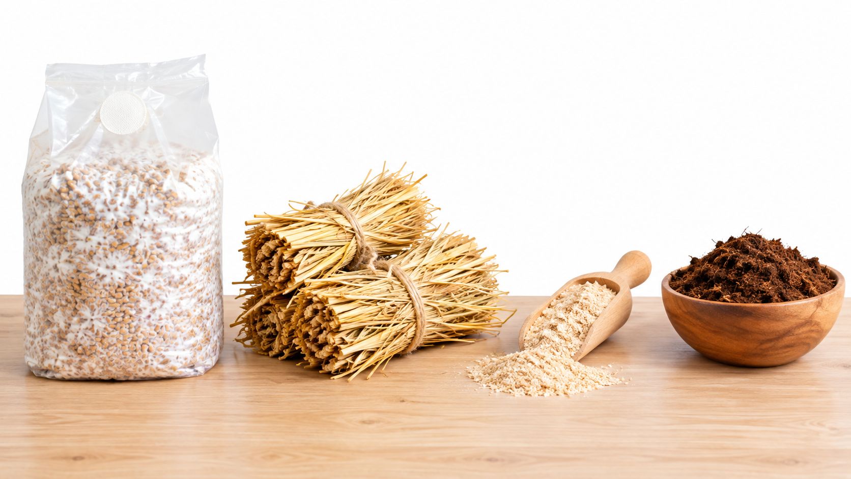 Various mushroom cultivation substrates including a grain spawn bag, dried straw bundles, wheat bran, and soil.