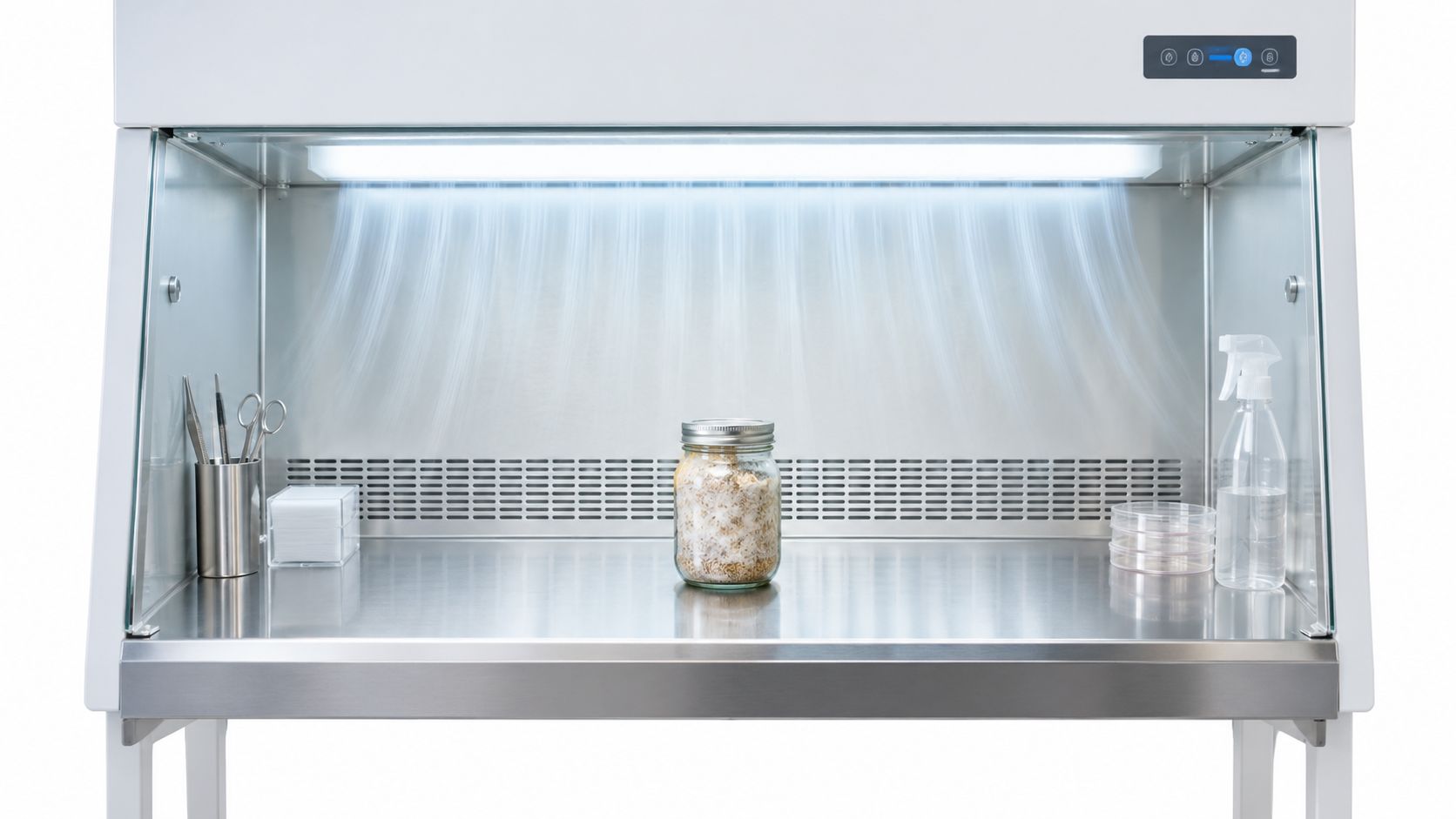 A laboratory laminar flow hood on a white background with a mushroom mycelium culture jar inside.