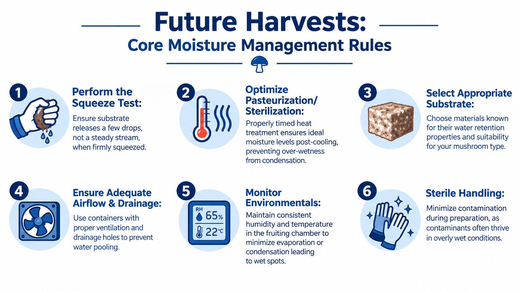 An infographic titled Future Harvests showing six steps for managing mushroom substrate moisture for successful cultivation.
