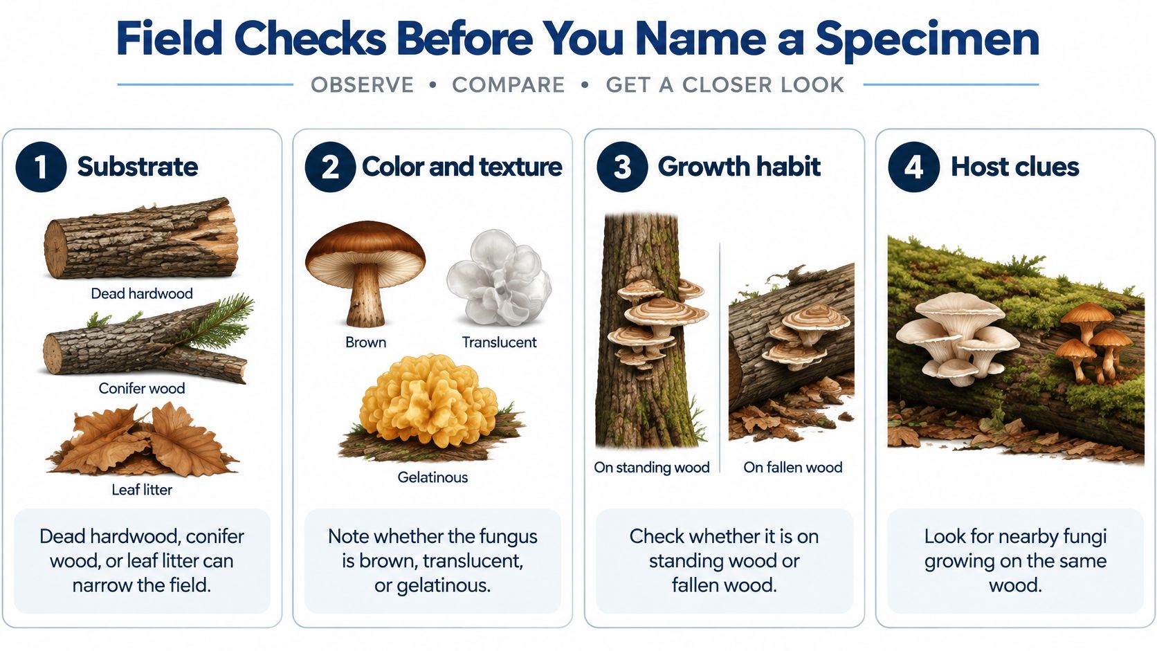 An educational infographic outlining four key field checks: substrate, color, texture, and growth habit, for identifying wild fungi.
