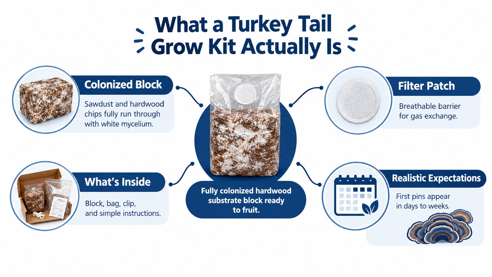 An infographic explaining the components of a Turkey Tail mushroom grow kit including substrate and instructions.