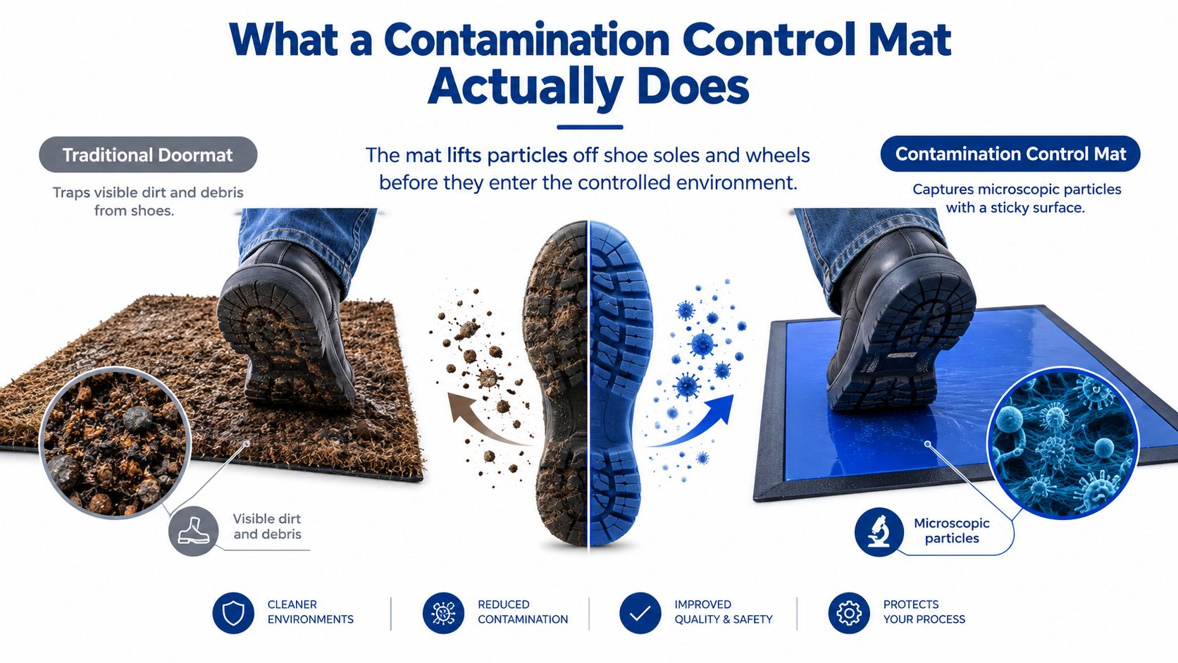 A comparison between a standard door mat for visible debris and a sticky contamination control mat for microscopic particles.