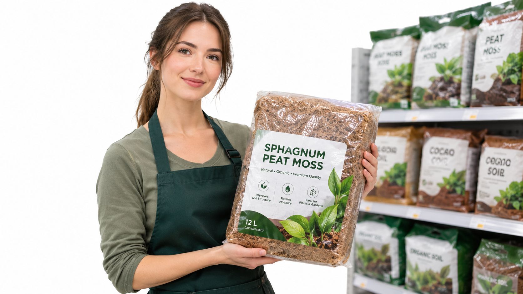 A store employee smiling while holding a bag of compressed sphagnum peat moss in a garden center.