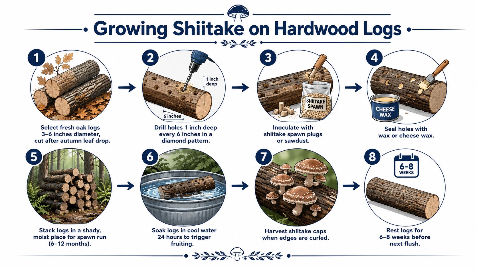 An educational infographic showing the eight-step process for growing shiitake mushrooms on hardwood logs.