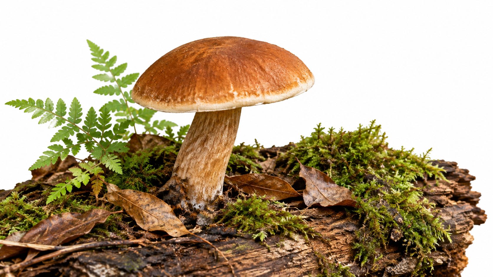A brown-capped mushroom growing on a mossy log surrounded by green fern fronds and dry leaves