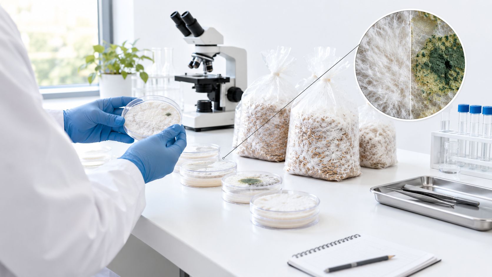 A scientist wearing blue gloves examines a petri dish containing mold while working in a laboratory setting.